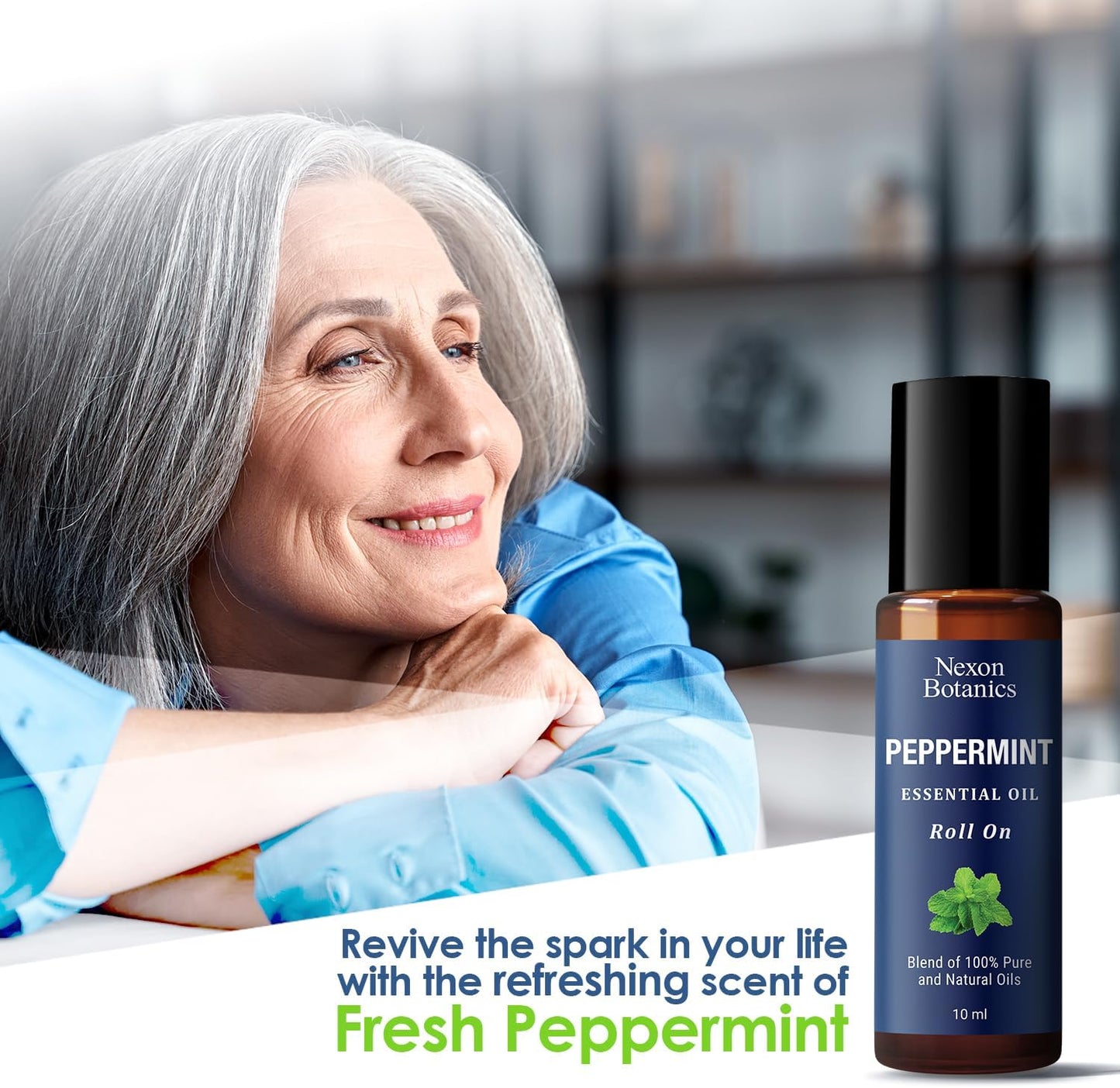 Peppermint Essential Oil Roll-On 10 ml - Pure, Natural & Prediluted Oil Blend Roller with Fresh Minty Aroma - Aromatherapy & Headache Relief - Nexon Botanics