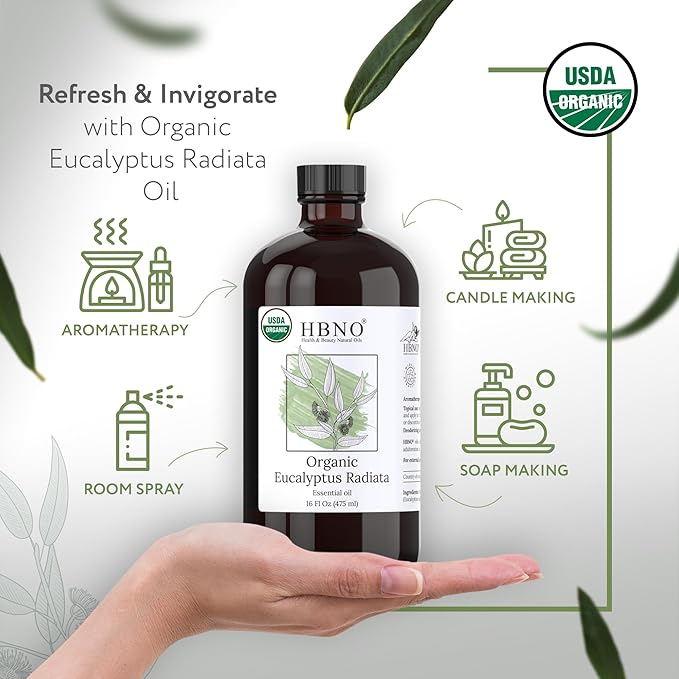 HBNO Organic Eucalyptus Radiata Oil - 16 oz (475ml) Value Size - Ideal for Shampoos, Conditioners, Mouth Washes, Face wash, Lotions, and Skin Care Products