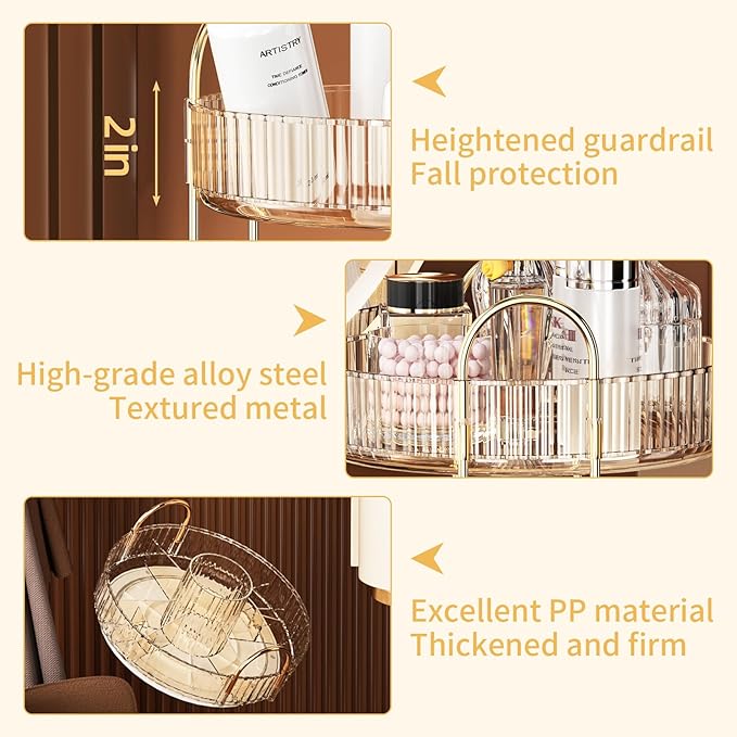 360° Rotating Makeup Organizer, Large-Capacity Skincare Make Up Storage 3 Tier Perfume Organizers Cosmetic Dresser Organizer with Makeup Brush Holder, Fits Bedroom, Bathroom, Vanity Shelf Countertop