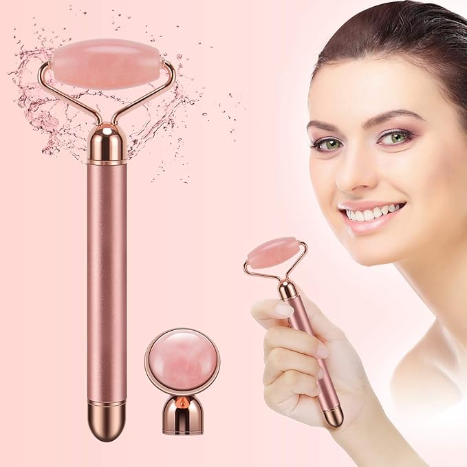 2-IN-1 Electric Jade Roller Massager Facial Roller & Face Massager, Rose Quartz