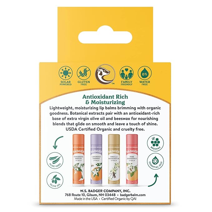 Badger - Classic Lip Balm Gold Box with Aloe, Extra Virgin Olive Oil, Beeswax & Essential Oils, Lip Balm Variety Pack, Certified Organic, 0.15 oz (4 Pack)