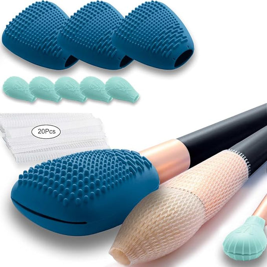 Silicone Travel Make-up Brush Holder with Cleaner Mat Pad, Organizer Case Covers for Foundation Eye Lip Brushes Storage Cleaning, Gift for Women Girl-Friend Mother Wife, 3-Pcs Large + 5 Small, Blue