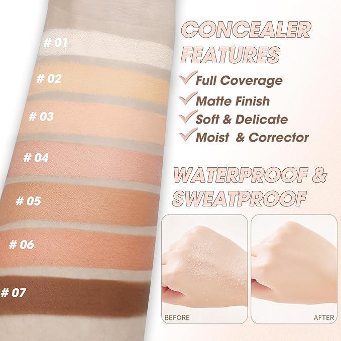 Cream Concealer Full Coverage Makeup, Matte Color Correcting Concealer with Brush, Waterproof, Conceals Blemish, Pores and Spots, Under Eye Makeup Concealer for Dark Circles (#06 TAN)