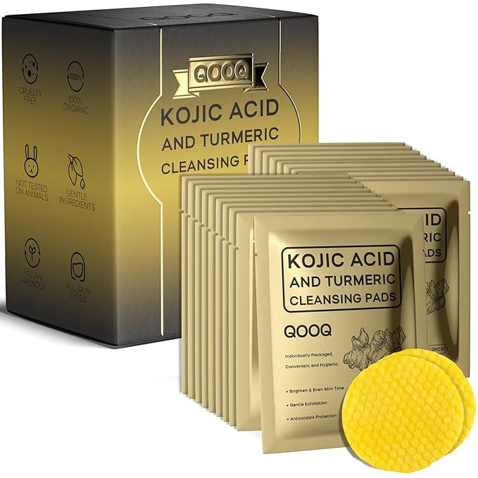 Individually Sealed Turmeric Kojic Acid Cleansing Pads - Stays Fresh, Hygienic! (60 Pads) - Gentle Brightening Exfoliator for Dark Spots & Hyperpigmentation, Travel-Size