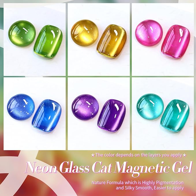 Born Pretty Cat Magnetic Eye Gel Nail Polish Neon Glazed Glass Crystal Magnetic Gel Spring Summer Yellow Green Pink Blue Purple Translucent Gel Polish Set Manicure Nail Art DIY at Home