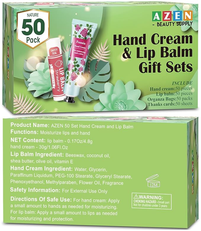 AZEN 50 Sets Hand Cream Bulk and Lip Balm Bulk Set, Bridal Shower Gifts for Guests, Thank You Gifts for Coworkers Women Men with Organza Bag Thank You Card, Bridal Wedding Favors for Guests