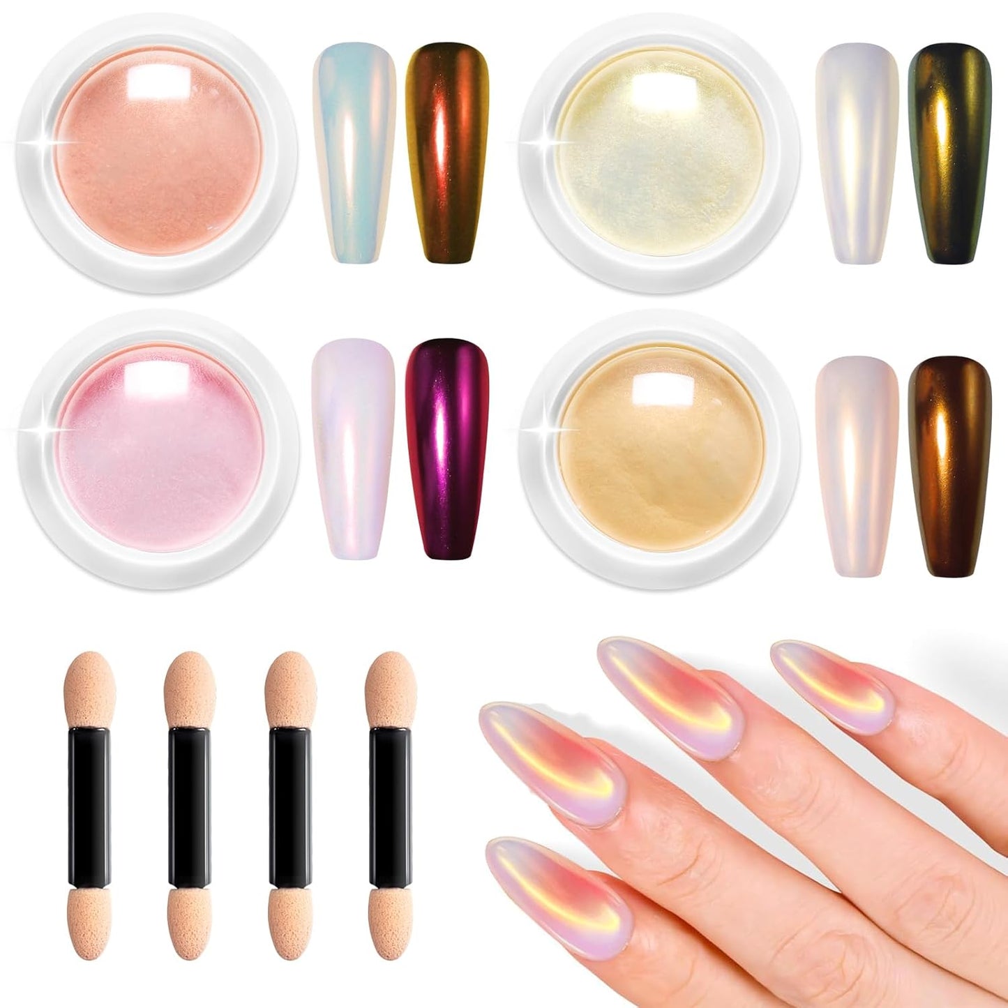 White Chrome Nail Powder: 4Pcs Iridescent Aurora Mermaid Pearl Chrome Powder Pearl Dust Kit for Gel for Gel Nails Art Decoration