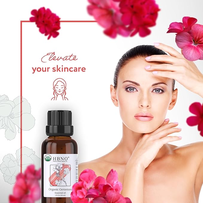 HBNO Organic Geranium Essential Oil - 1 oz (30ml) - USDA Certified Organic Geranium Essential Oil for Aromatherapy, Soap Making, DIY, Fragrances, Diffuser.