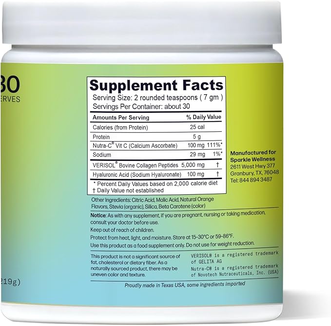 Sparkle Wellness VERISOL Bioactive Hydrolyzed Collagen Peptides | Collagen Powder Supplement with Vitamin C & Hyaluronic Acid for Hair, Skin, and Nail Health | Skin Boost Plus (Orange) [30-Serves]