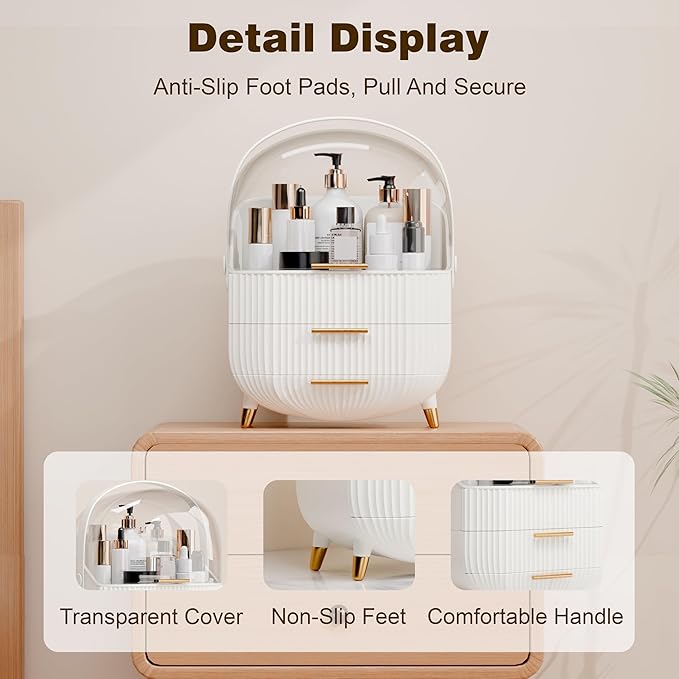 Makeup Organizers and Storage, Make up Organizer for Vanity Cosmetics Skincare Organizers With Lid and Drawers Display Cases for Countertop（White）