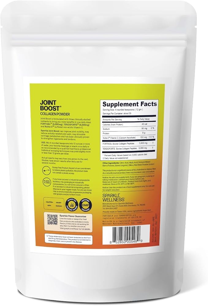 Sparkle Wellness FORTIGEL & TENDOFORTE Collagen Peptides | Collagen Powder with Calcium Ascorbate Vitamin C to Support Joint Mobility, Tendon & Ligament Health | Joint Boost (Mixed Berry) [30-Serves]