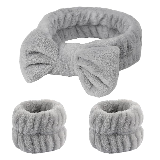 Fmeida Spa Headband and Wristband Set for Washing Face Skincare Headband Grey,3 Pack