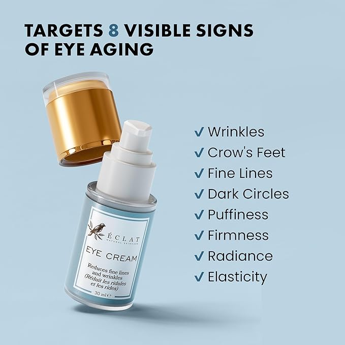 Eclat Skincare Under Eye Cream for Dark Circles & Puffiness – Anti Aging Formula for Wrinkles - Moisturizer for Fine Lines, Crows Feet & Eye Bags – Hydrating Treatment for Firming & Smoothing - 30ml