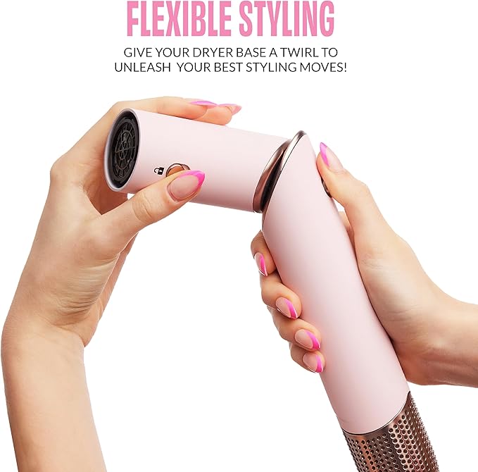 FoxyBae Super Styler Pro Interchangeable 5 in 1 Hair Styler Wand Curling Iron Set - w/Drying Cylinder, Ceramic Blowout & Round Brushes, 2 Auto-Wrap Curlers - Frizz-Free, Smooth Hair [Blush]