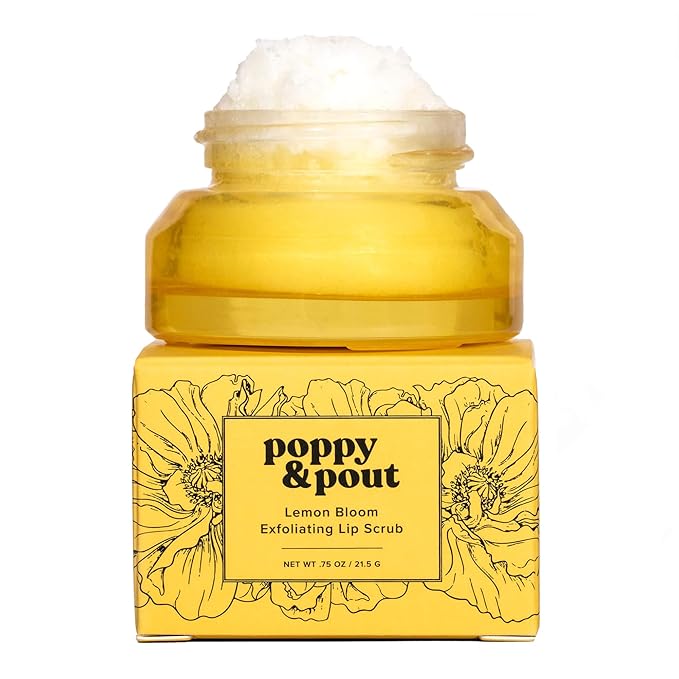 Poppy & Pout Natural Lip Scrub, Moisturizing Sugar Scrub for Dry Lips, Lip Scrubber Exfoliator with Essential Oils Smooths and Hydrates Lips, In Recyclable Glass Jars, Cruelty Free - Lemon Bloom