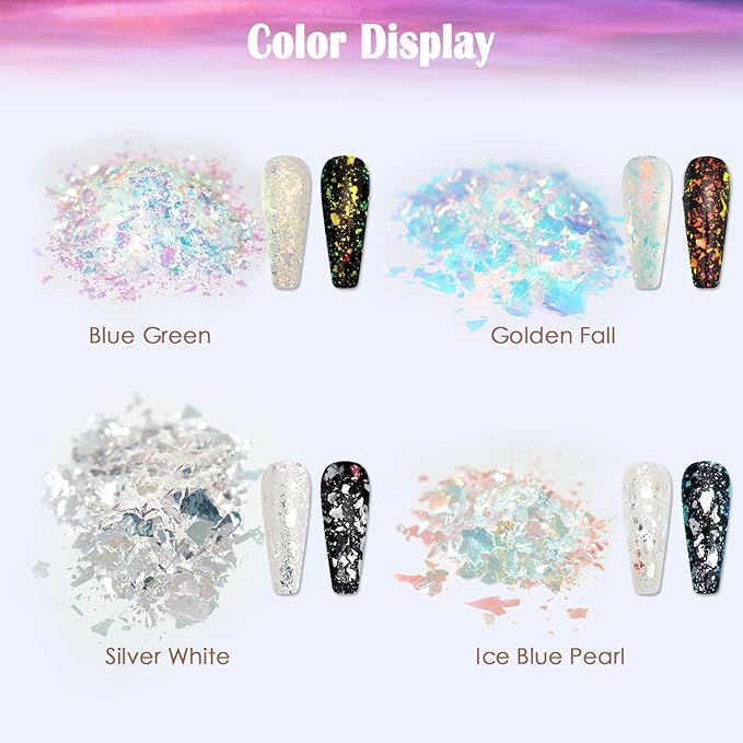Laza Silver White Pearlescent Nail Flakes Glitter Irregular Opal Nail Foil Flakes Chunky Confetti Moonlight Chrome Sequins Aurora Fairy Dust for Mermaid Nails Design, Nail Decorations for Nail Art