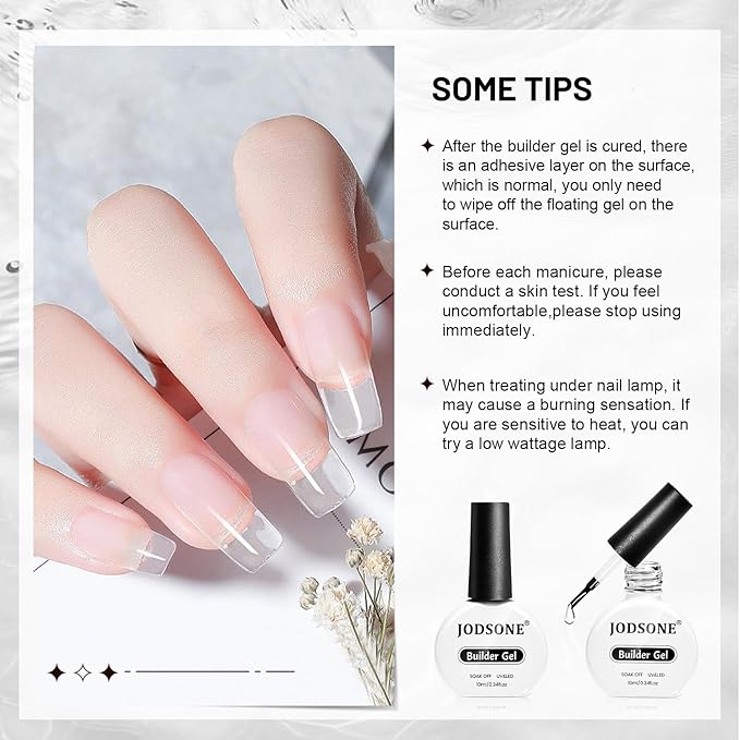 JODSONE 2Pcs 10ml Builder Gel Set, Clear Gel Nail Strengthener for Thickening, Nail Extension, Apex Building, Repairing Broken Nails, Long Lasting DIY Nail Art Gift for Women