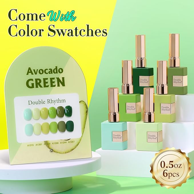Double Rhythm 6 Pcs 15 ML Gel Polish Set Same Color Same Bottle Soak Off Gel Polish Kit Nail Art Manicure Salon DIY at Home for Women (Light Dark Green Olive Teal-T6-15)