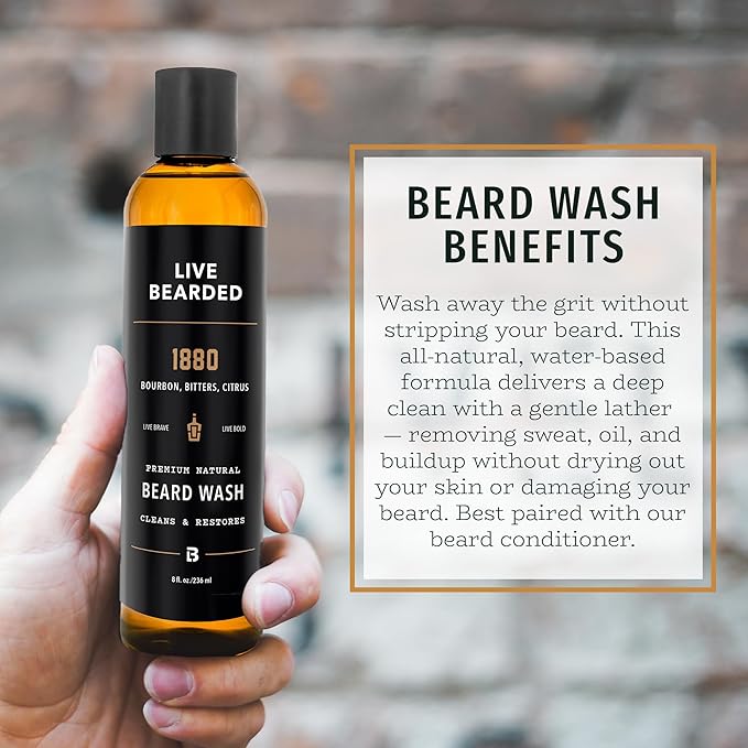 Live Bearded Beard Wash, 8 fl oz - Water-Based Face Cleanser with All-Natural Ingredients for a Gentle, Deep Clean - Made in the USA | 1880 Scent - Bourbon, Bitters, Citrus