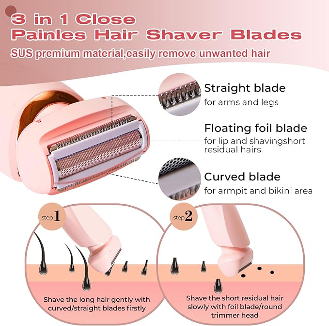 Livora Electric Shaver for Women,2 in 1 Wet & Dry Painless Hair Removal with 2 Removable Heads,Rechargeable Cordless Womens Razor for Bikini,Legs,Arms,Underarm Area,IPX7 Waterproof(Pink)