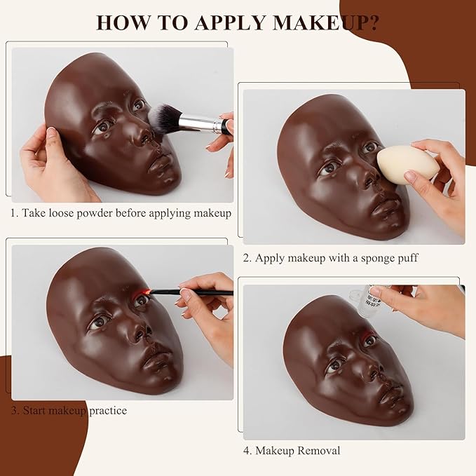 5D Makeup Practice Face Board, Makeup Practice Accessories Set with Face Painting Mannequin Head, Makeup Brushes, Face Painting and 2-in-1 Dual-Ended Eyebrow Pen, Makeup Practice Gift, Dark Brown