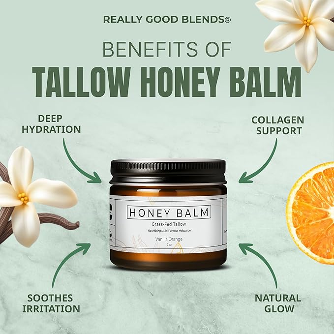 Tallow and Honey Balm, Organic Body Butter, Grass-Fed Beef Tallow for Skin, Soothing All-Natural Moisturizer for Body and Face | Made in USA - 2 oz (Vanilla Orange)