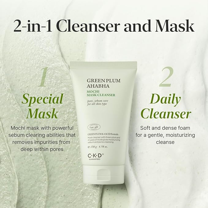 CKD Green Plum AHA·BHA Clay Mask Cleanser - All in One, Korean Face Wash + Makeup Remover + Gentle Scrub with Controls Sebum, Tightens Pores, Removes Blackheads. All Skin Types. 4.58 oz