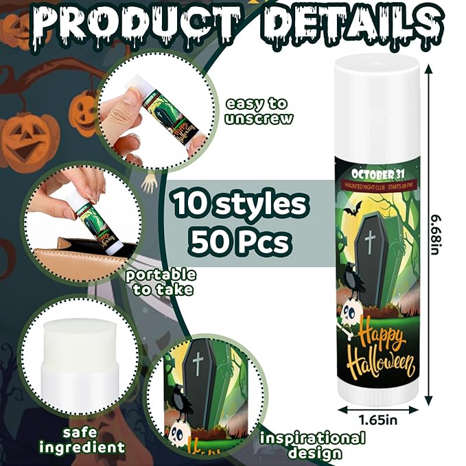 Dunzy 50 Pcs Halloween Lip Balm Bulk Spooky Lip Balm Gifts Bulk Vintage Halloween Wedding Favors Halloween Stuffers for Adults Halloween Party Supplies for Baby Shower, 10 Style, 5 Fruit Flavors