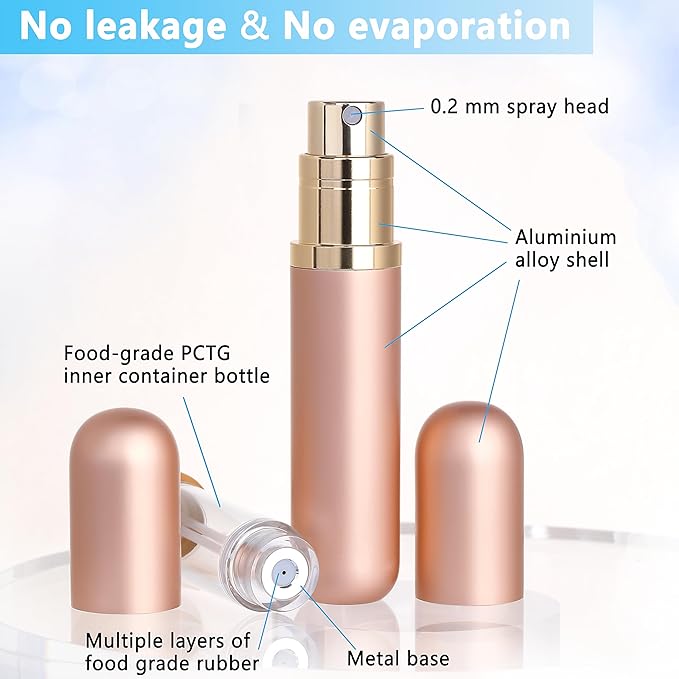 Travel Refillable Perfume Atomizer Bottle 2-Pack 5ml Leakproof Travel Perfume Refillable Bottle (Rose Gold & Rose Gold)