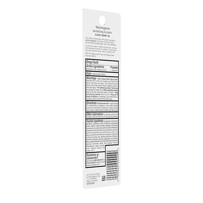 Neutrogena Revitalizing and Moisturizing Tinted Lip Balm with Sun Protective Broad Spectrum SPF 20 Sunscreen, Lip Soothing Balm with a Sheer Tint in Color Sunny Berry 30,.15 oz