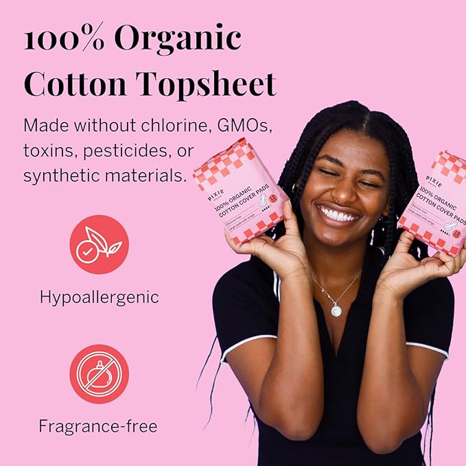 Pixie Organic Cotton Large Pads for Women - Extra Heavy Absorbency with Wings - Leak-Proof, Hypoallergenic & Unscented for Feminine Care - Compostable, Biodegradable - 12 Count