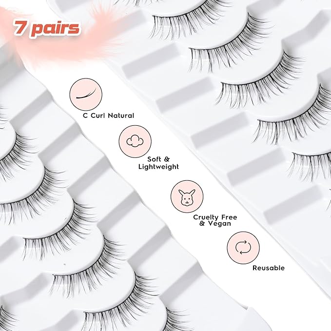 Lashes Short Eyelashes 10MM Natural Lashes Wispy Thin Band Strip Lashes Short Eyelashes Natural Look 3D Volume Lashes 7 Pair Fake Lashes Siligli