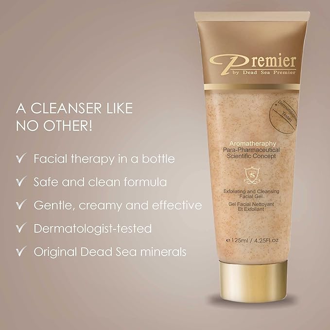 Premier Dead Sea Classic Para-Pharmaceutical Exfoliating Cleansing, Micro Grains Face Facial Gel Cleanser scrub Contains Dead Sea Minerals, non drying, Aromatherapy Scientific Concept 4.25Fl oz (X1)
