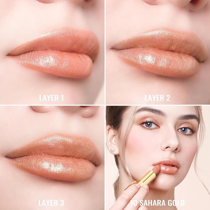 Oulac Nude Lipstick for Women with Metallic 3D Shine Lightweight Hydrating Formula, High Impact Lip Color, Vegan Beauty, Full Coverage Lip Makeup, Christmas Gifts for Women, Sahara Gold(10)