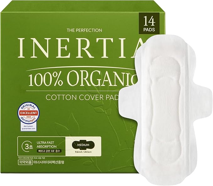 INERTIA The Perfection Green – 100% Organic Cotton Korean Pads with Wings | Regular Absorbency | Breathable Bio-Film for Fast Absorption, Leak-Proof & Hypoallergenic Period Pads for Women (14 Count)