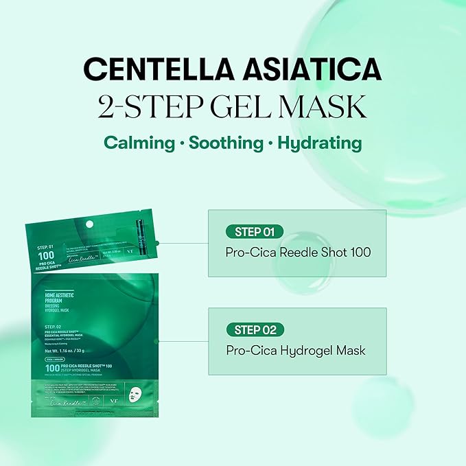 VT COSMETICS Pro Cica Reedle Shot 100 2-Step Hydrogel Mask(34.5gx4ea), Intensive Calming, Exosome Centella Asiatica, Blemish Relief, Overnight Melting Mask, Korean Facial Mask