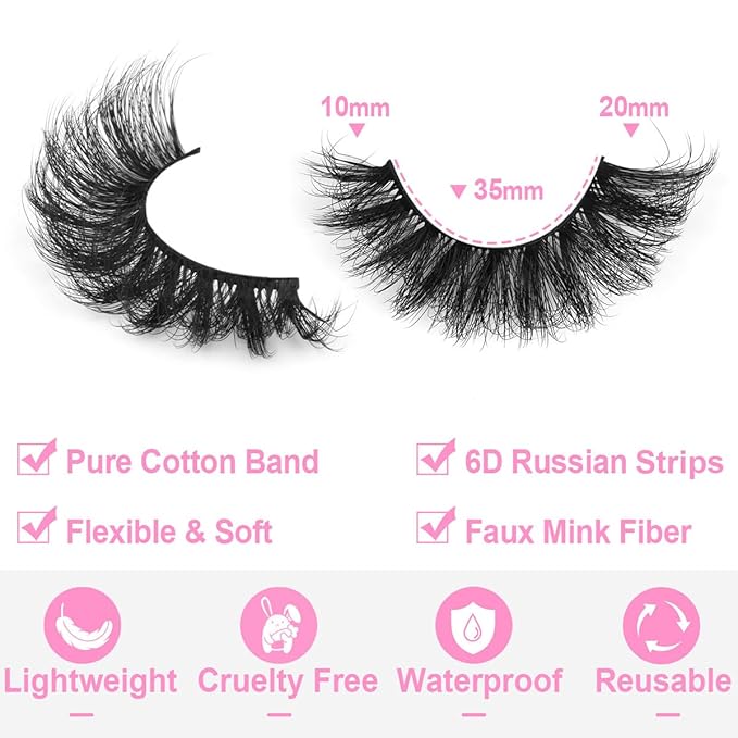 Mink Lashes Fluffy D-Curl False Eyelashes 20mm Long Volume Lashes That Look Like Extensions Cat Eye Fake Lashes Faux Mink Strip Lashes Pack 7 Pairs