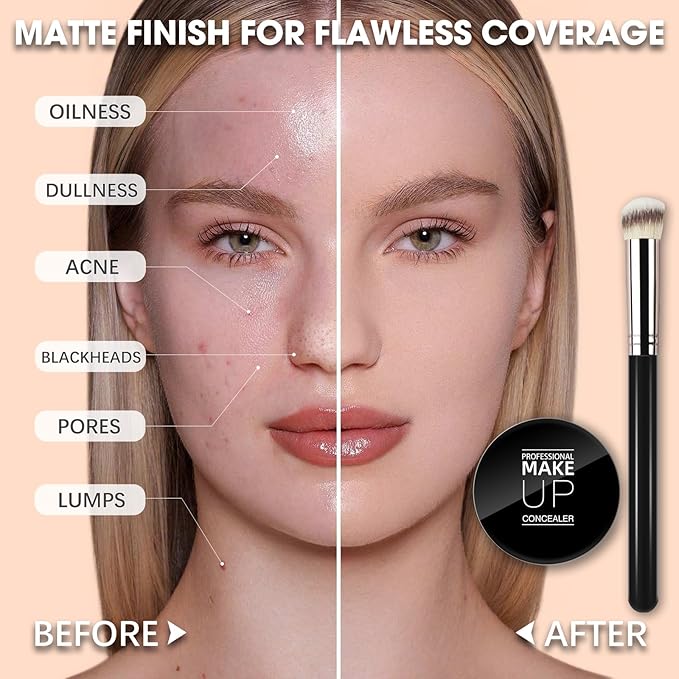 Cream Concealer Full Coverage Makeup, Matte Color Correcting Concealer with Brush, Waterproof, Conceals Blemish, Pores and Spots, Under Eye Makeup Concealer for Dark Circles (#06 TAN)