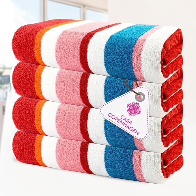 CASA COPENHAGEN Bora Bora Beach Towels Designed in Denmark Rough and Tough, Quick Dry, for Pool, Bath & Shower 30x60 inches 4 Pieces Cotton Beach Bath Towels Set - Pink