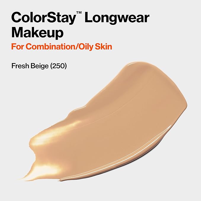 Revlon Liquid Foundation, ColorStay Face Makeup for Combination & Oily Skin, SPF 15, Medium-Full Coverage with Matte Finish, Fresh Beige (250), 1.0 oz