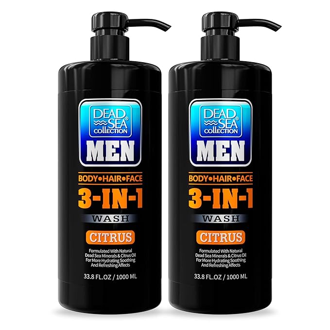Dead Sea Collection Mens Body Wash 3 in 1 – Citrus Body Wash for Men – Shower Gel – Shampoo – Shower Soap for Face and Hair – Pack of 2 Bottles (33.8 Fl. Oz. Each)