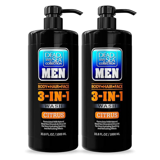 Dead Sea Collection Mens Body Wash 3 in 1 – Citrus Body Wash for Men – Shower Gel – Shampoo – Shower Soap for Face and Hair – Pack of 2 Bottles (33.8 Fl. Oz. Each)