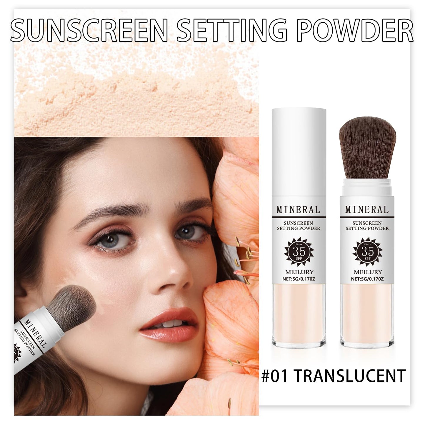 Sunscreen Setting Powder SPF 35, Mineral Brush Powder for Face & Scalp, Oil Control Natural Matte Finish Loose Powder Translucent Lasting Lightweight Breathable for All Skin (#01 Translucent)