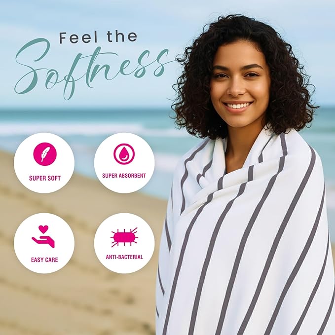 CASA COPENHAGEN Cabana Pool Bath Sheet, 70" x 35", Designed in Denmark Rough and Tough, Quick Dry, for Pool, Bath, Beach & Shower 2 Piece Cotton Pool Towels Set - White Grey Stripe