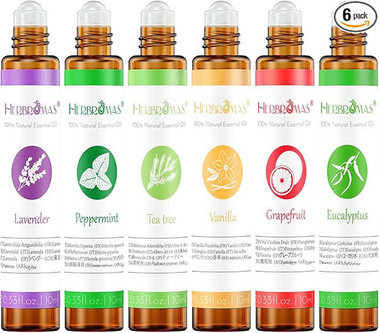Essential Oil Roll On Set with Lavender, Peppermint, Eucalyptus & Grapefruit, Tea Tree & Vanila - Aromatherapy Relaxation Gift for Women - 6 Pack of 10ml Roll-Ons