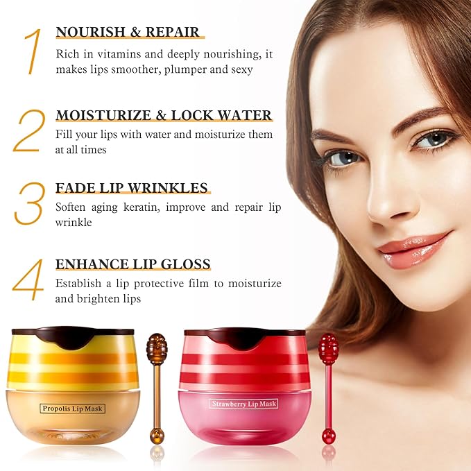 2 PCS Bee Honey Lip Balm Honey Pot, Strawberry & Bee Honey Lip Mask, Reduces Lip Lines, Hydrate & Moisturizing Lip Skin Care, Prevention Dry Cracked Lips, Bee Honey Lip Balm for Lip Repair Treatment