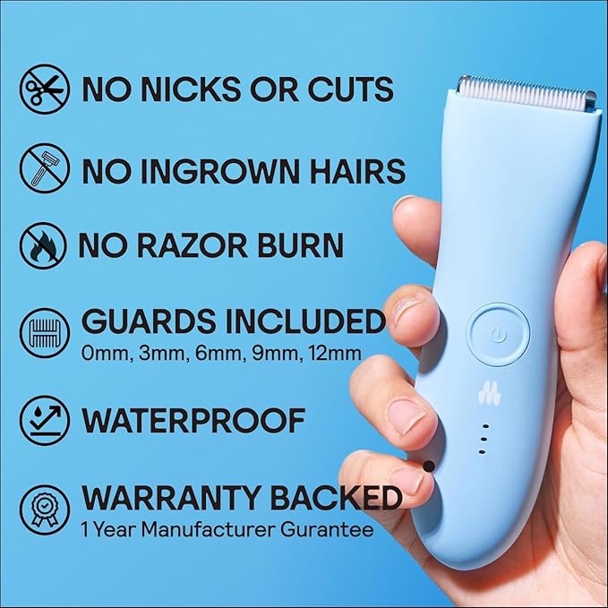 MERIDIAN The Trimmer Original - Body Hair Trimmer for Men, Electric Shaver for Pubic Hair, Chest, Legs & Bikini, Waterproof & Rechargeable, Sky