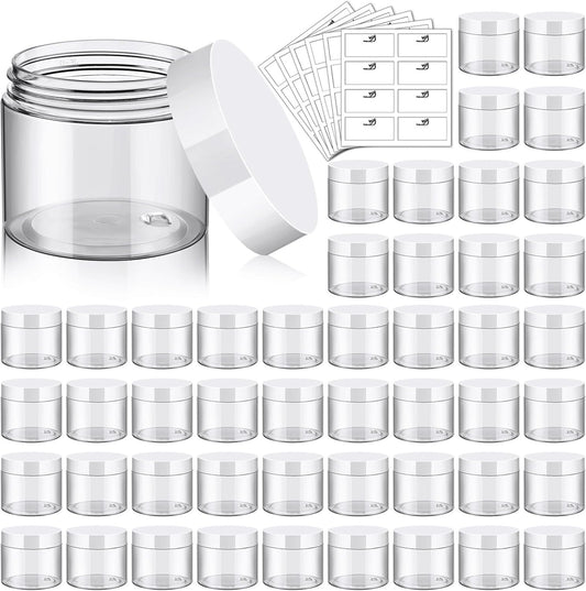 TUZAZO 48 Pack 6 Oz Plastic Container Jars with Lids and Labels BPA Free, Empty Round Clear Cosmetic Containers Plastic Slime Jars for Lotion, Cream, Ointments, Body Butter, Travel Storage (48)