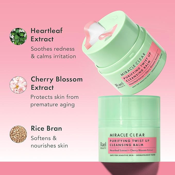 Rael Miracle Clear Cleansing Balm – Makeup Remover, Twist-Up Face Cleanser, Double Cleanse, Non-Comedogenic, with Rice Bran & Jojoba Oils, Vegan, Korean Skin Care, All Skin Types (1.69 fl oz)