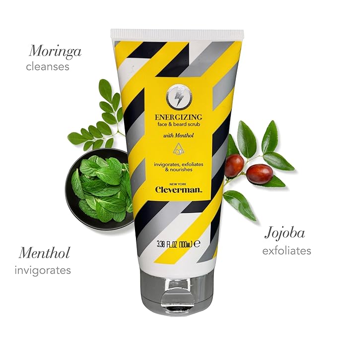 Cleverman Energizing Face and Beard Scrub for Men, 100ml, Menthol-Infused Refreshing and Exfoliating Facial Cleanser, Beard Scrub for All Skin Types